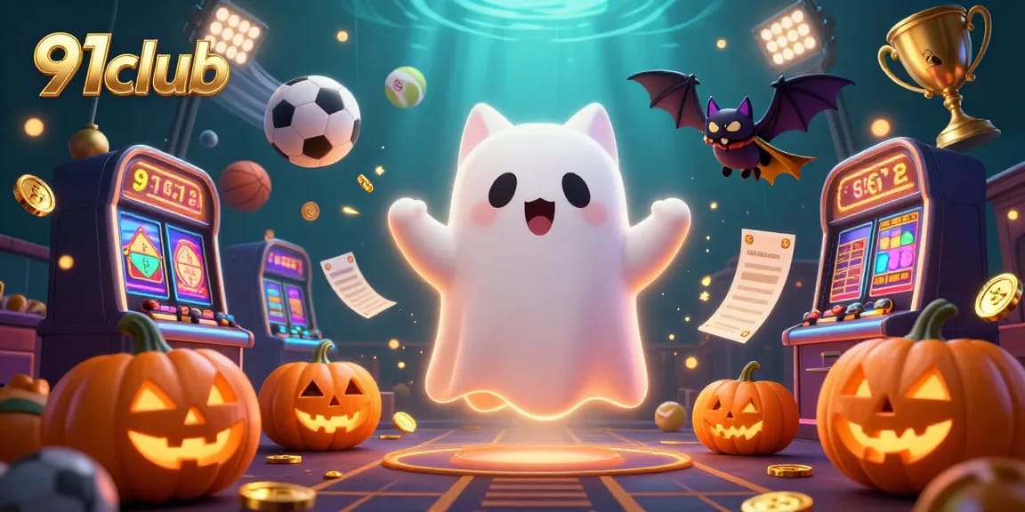 Win exciting rewards on the 91club platform with the fun ghost cat and bat in a dynamic casino scene.