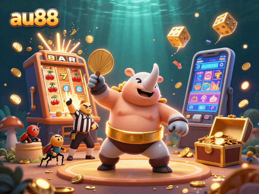 Bet on au88 as a rhinoceros beetle sumo champion celebrates with flying gold coins and a dynamic casino backdrop.