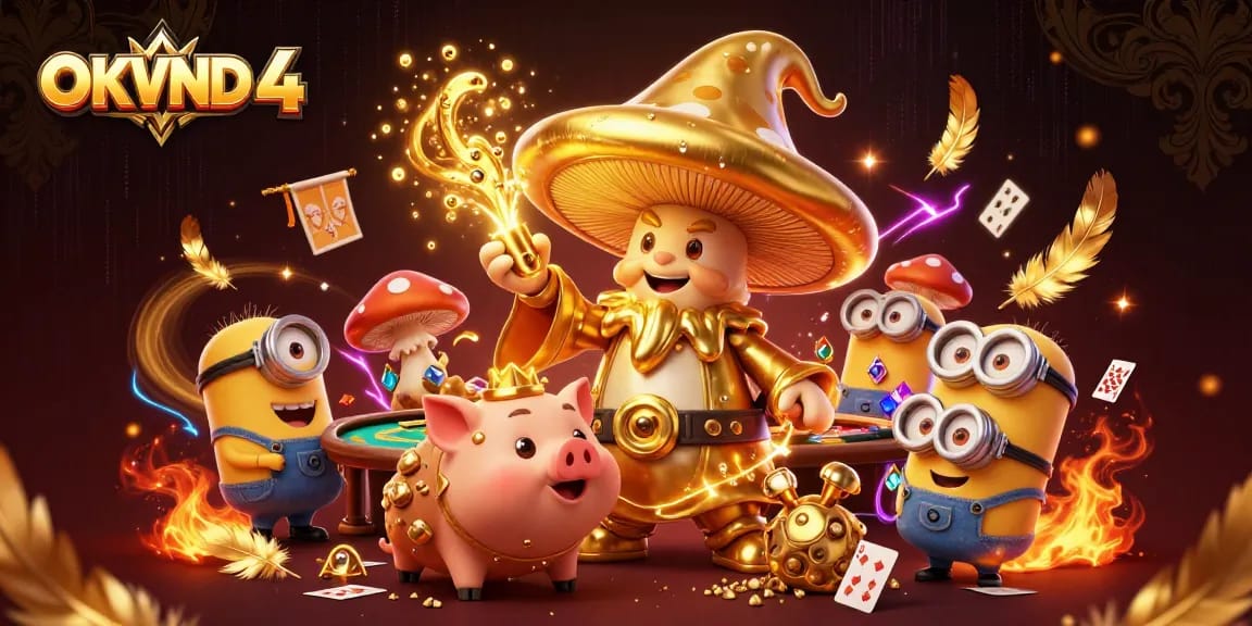 Experience the thrill at OKVND 4 with a magical casino scene featuring a golden mushroom wizard.