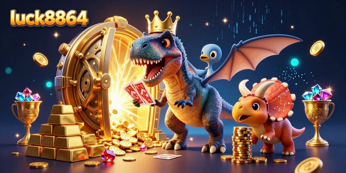 Watch the luck8864 T-Rex shuffle cards excitedly with a pterodactyl as they dive into a treasure-filled casino adventure.