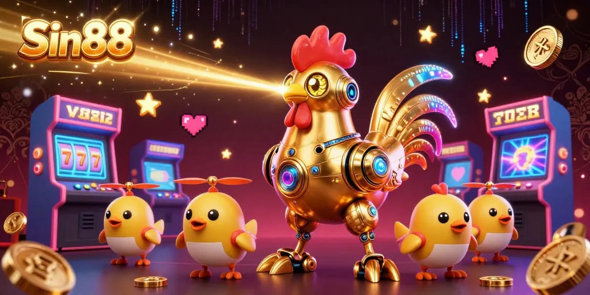 Experience the excitement of Sin88 with a vibrant 3D illustration featuring animated casino elements and retro characters.