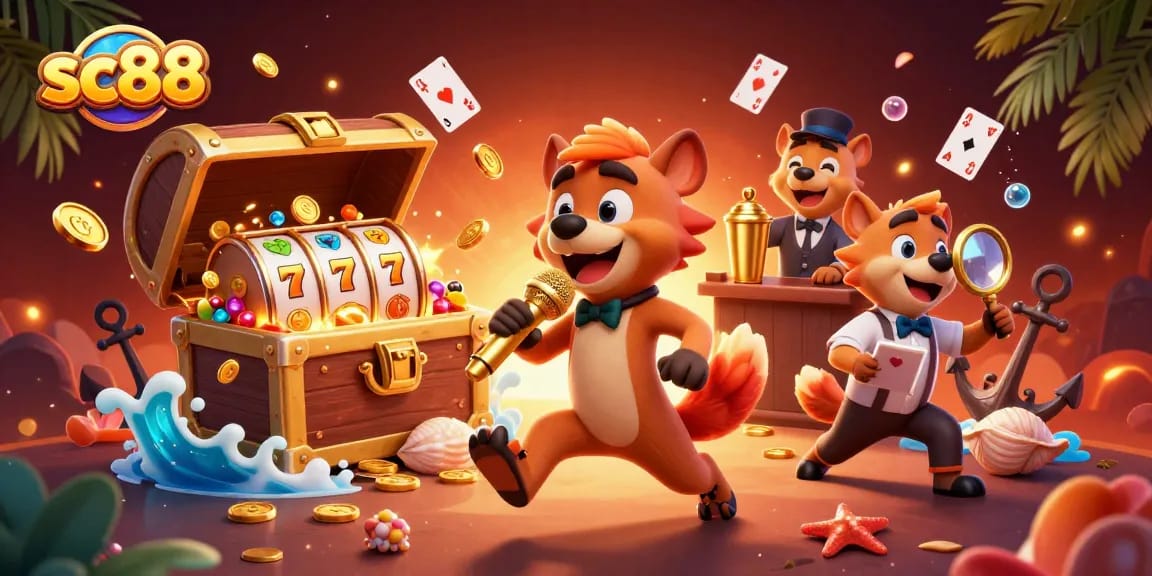 Engage with sc88's vibrant casino action in a packed scene of hyenas and slot reels.