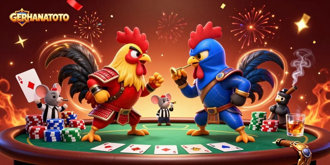 Gerhanatoto menampilkan ayam bertarung sambil bertaruh di meja poker yang penuh warna.