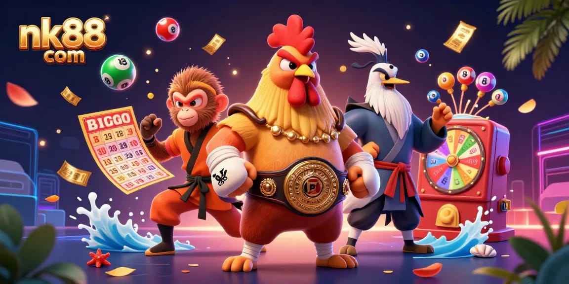 Engage in thrilling games at nk88 com with exciting lottery balls and festive golden bingo elements.