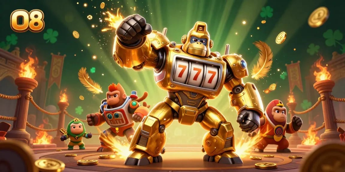 Engage in thrilling gameplay action at O8 with a dynamic scene featuring a golden gorilla mech and explosive casino elements.