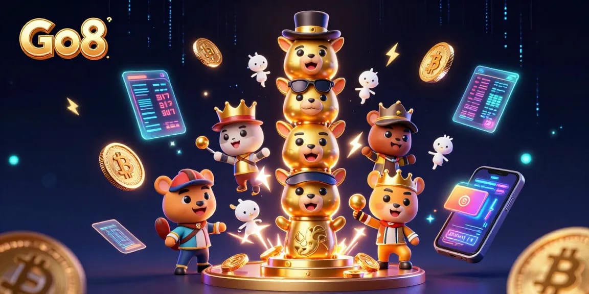 Engage with Go8's vibrant casino experience featuring 3D characters and cryptocurrency elements in action.