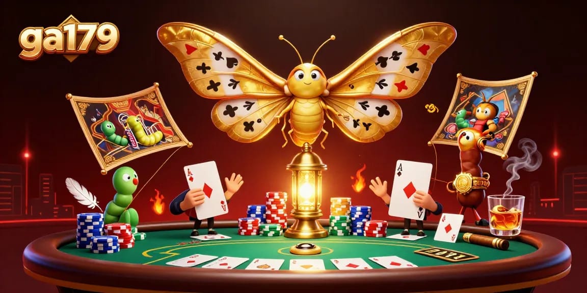 Experience thrilling cockfighting action with ga179, showcasing vibrant golden moths and vivid casino details.