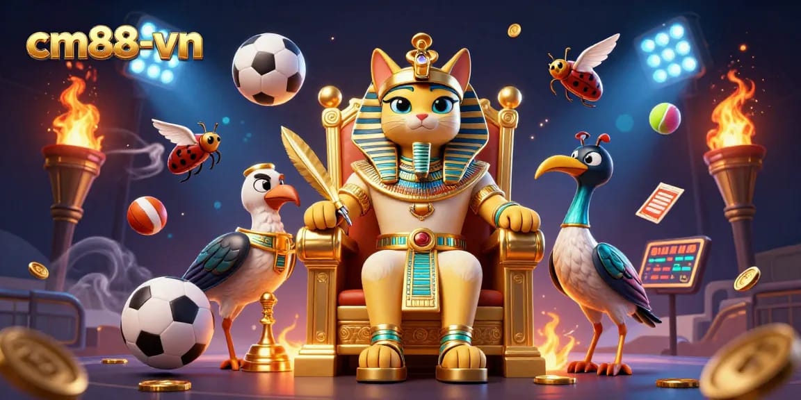 Experience the thrill at cm88-vn with a 3D illustration of an Egyptian pharaoh cat in a royal setting, surrounded by betting elements.