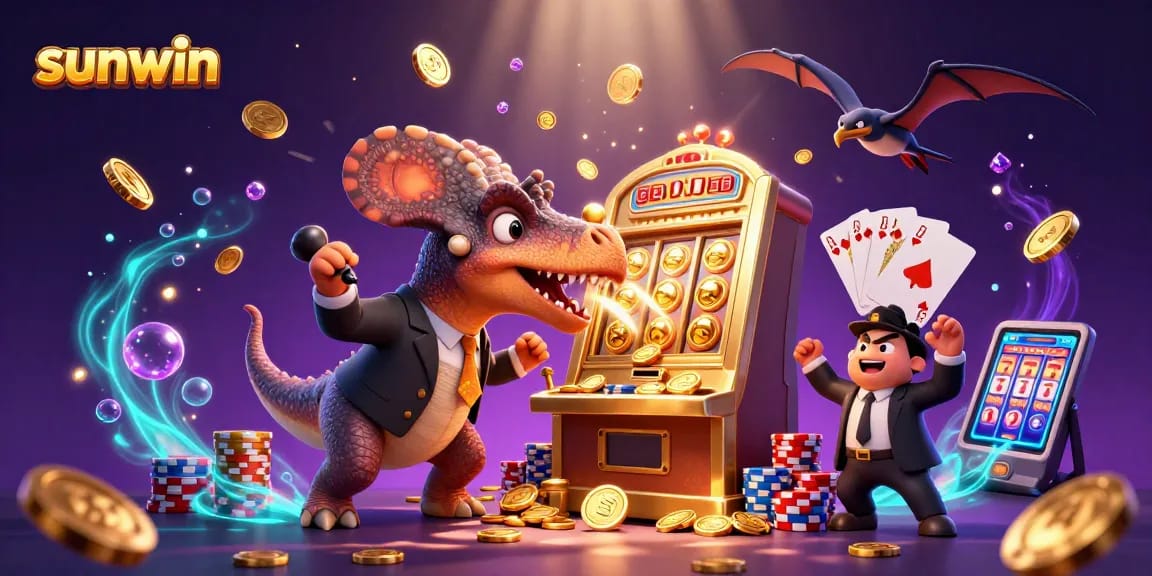 Sunwin illustrates a cheerful casino scene with dinosaurs and vibrant gaming elements.