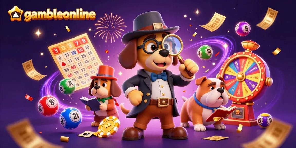 gambleonline showcases a cartoon detective investigating casino treasures amidst vibrant gambling elements.