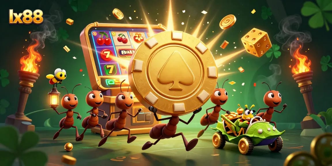 Experience the thrill of lx88 with a 3D cartoon heist featuring ants, a firefly, and a grasshopper in a vibrant casino world.