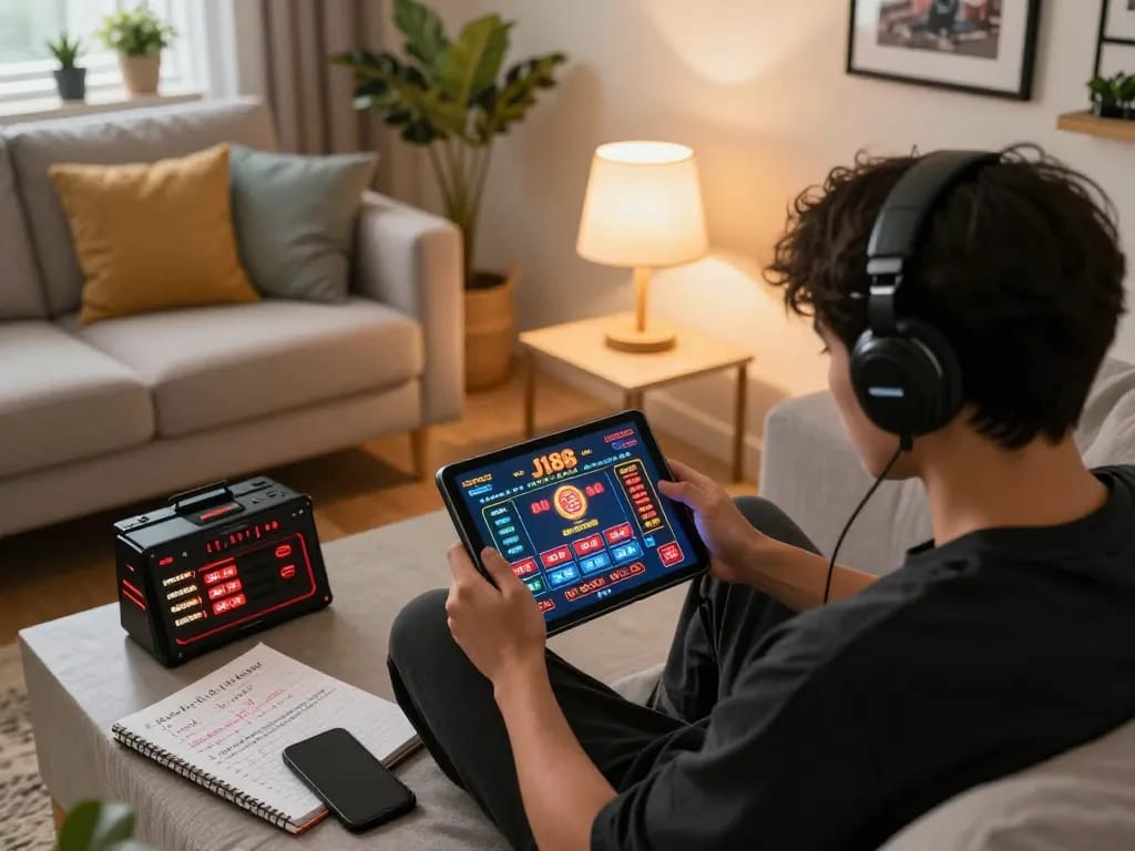 Engaging in online gaming at J188 with a tablet and betting notes in a cozy living room.