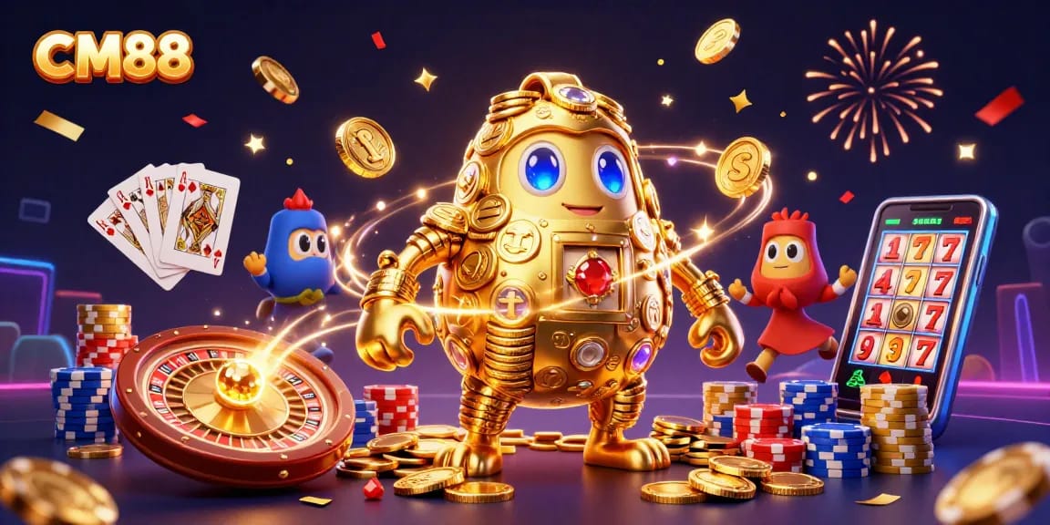 Experience the excitement of CM88 with dynamic gaming elements surrounded by gold in a vibrant casino environment.