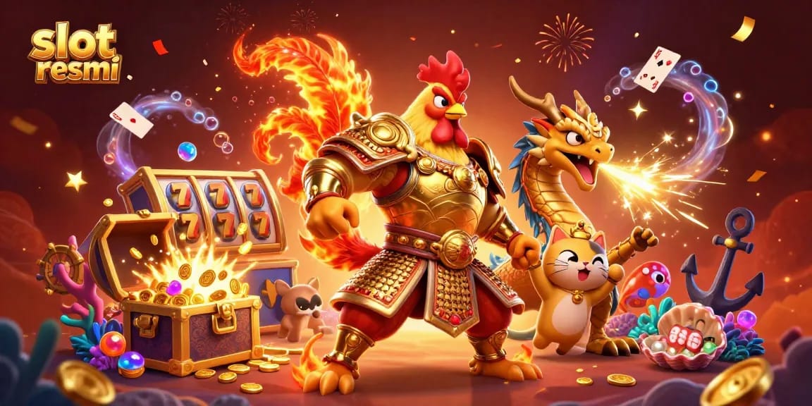 Experience the excitement of slot resmi with a dynamic illustration featuring a samurai rooster and dragon.