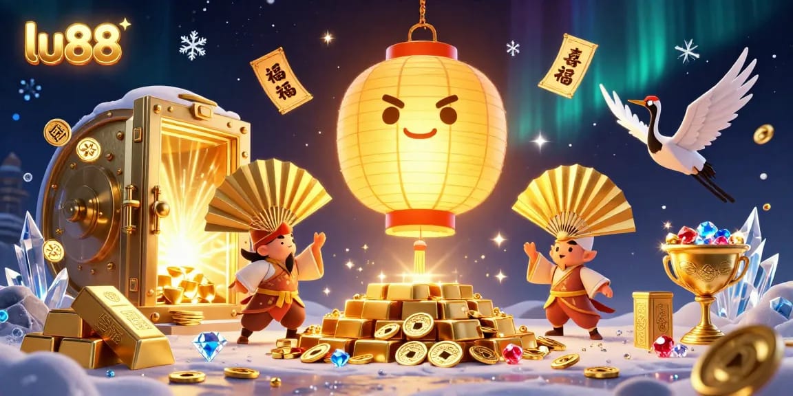 Engage with the enchanting lu88 casino experience, featuring a glowing lantern spirit amidst treasures!