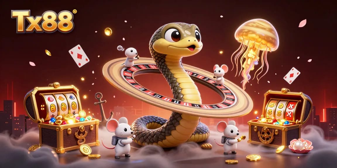 Experience the thrill of Tx88 casino as astronaut mice bet on the roulette rings of a cosmic snake.