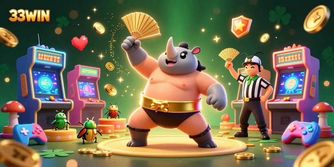 Experience thrilling gameplay action with 33WIN as coins fly from a champ beetle's powerful stomp in a vibrant casino scene.