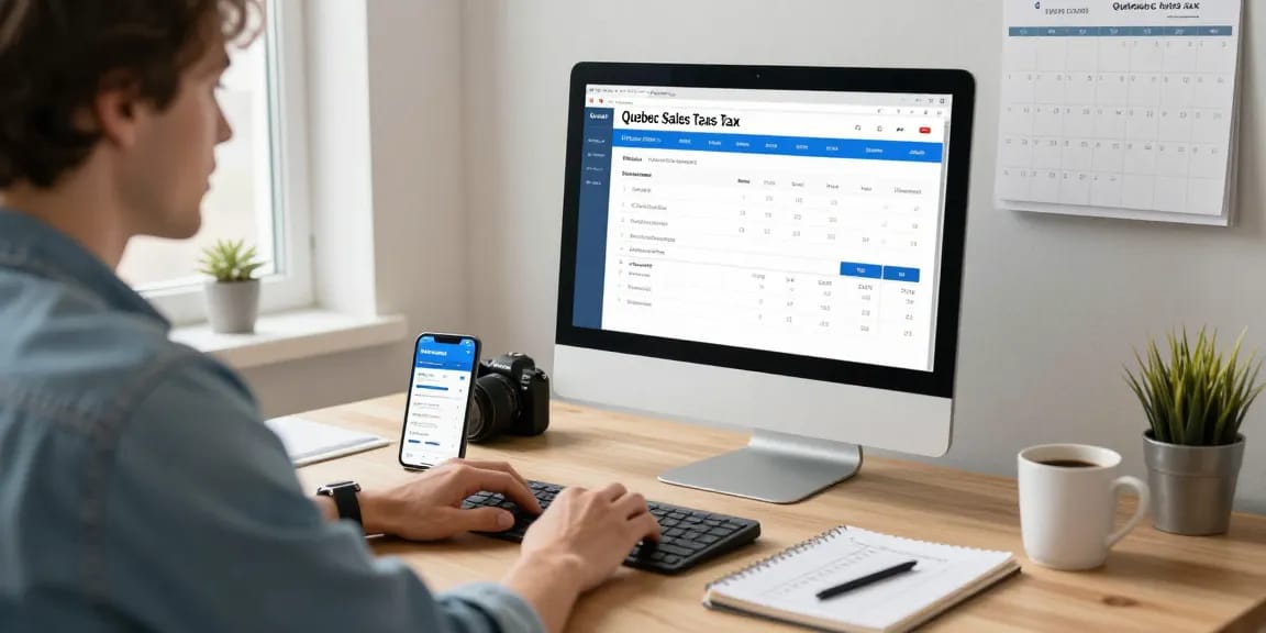 Calculate tax effortlessly with quebecsalestaxcalculator.ca in a modern home office.