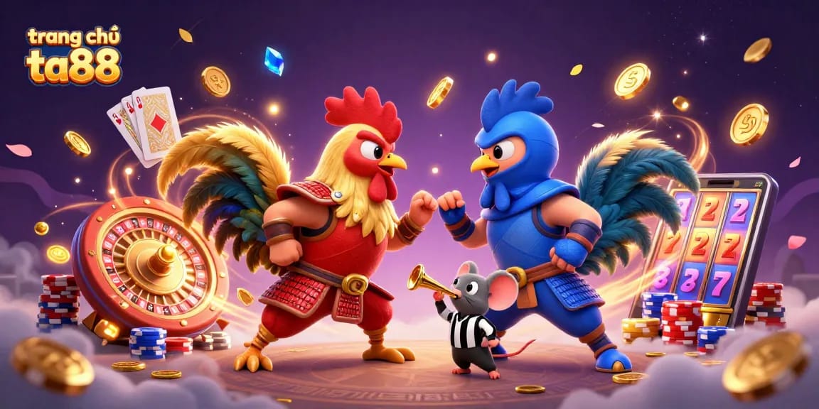 Engaging duel between cartoon roosters at trang chủ ta88 with casino elements all around