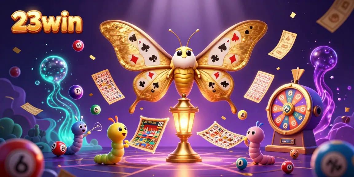 Experience the excitement of 23win with vibrant lottery elements and a stunning golden atlas moth in this casino illustration.