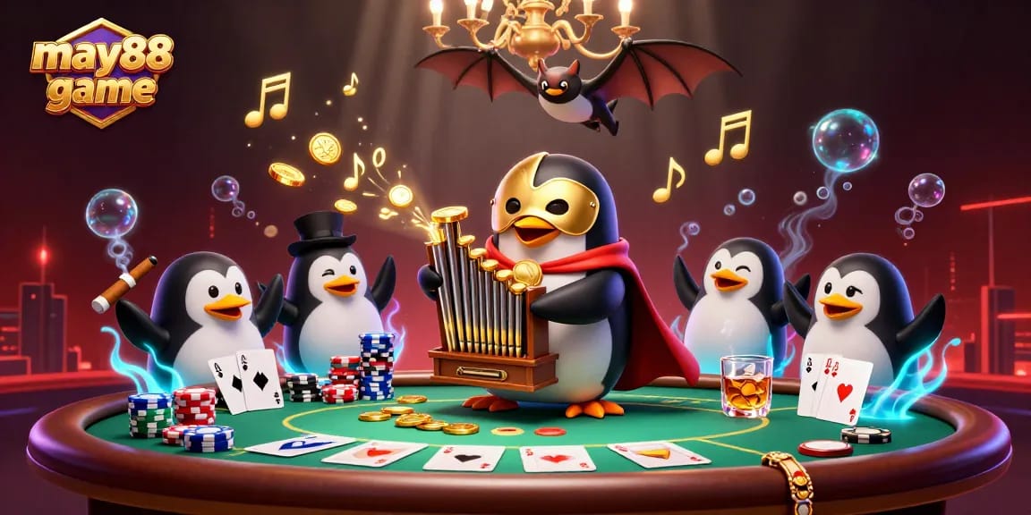 Experience the thrill of may88 game with a whimsical opera penguin at a vibrant casino scene.