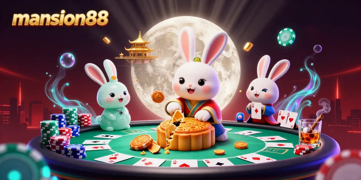 Experience the excitement of mansion88 with a lively casino scene featuring poker elements and playful characters.