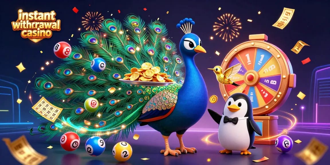 Experience instant withdrawal casino excitement with vibrant lottery elements and joyful characters.