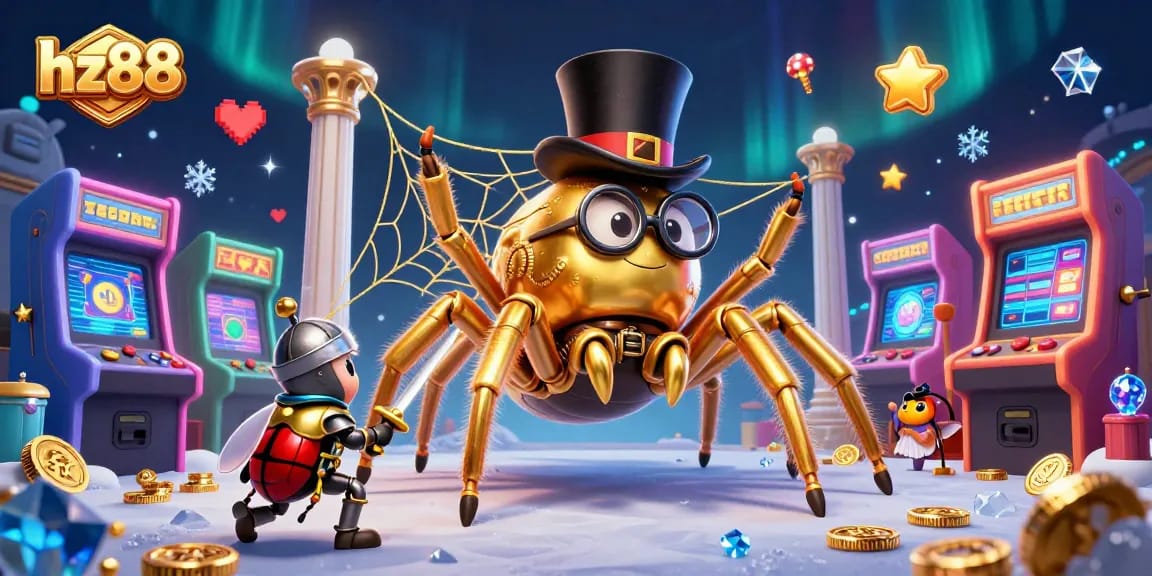 Experience the excitement of hz88 with a giant golden tarantula and beetle knight in a vibrant casino scene.