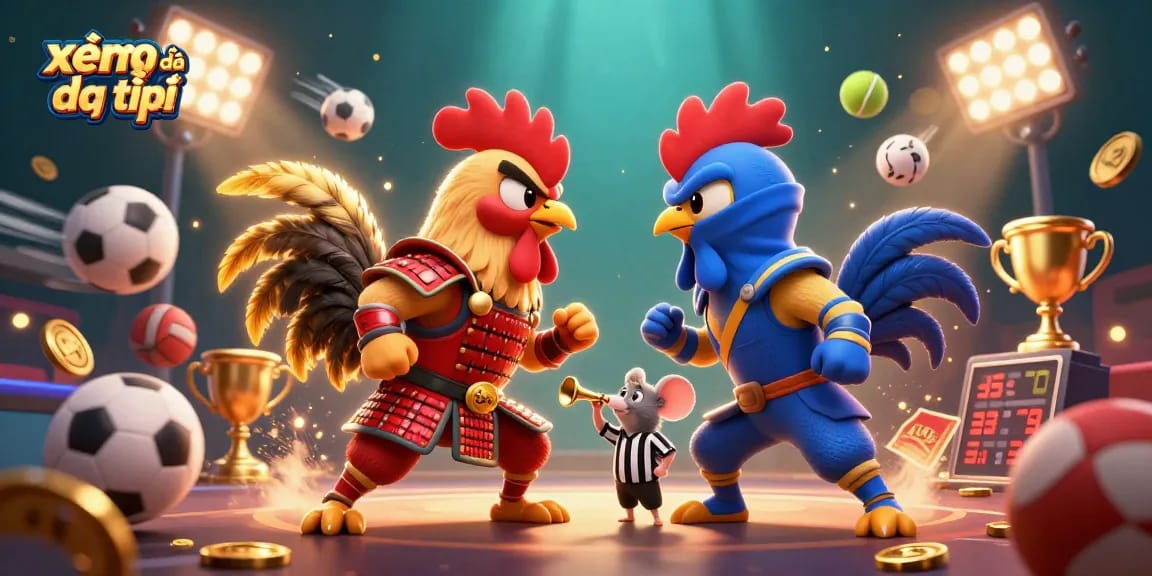 Xem bóng đá trực tiếp with dynamic sports elements and action-packed characters in a lively standoff.