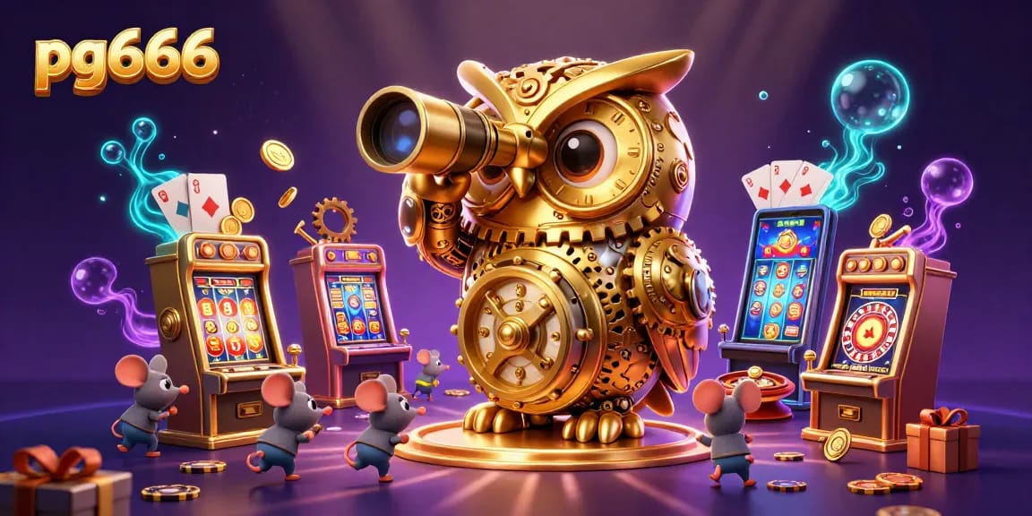 Engage with pg666 at a lively casino scene featuring a captivating golden owl and dynamic elements.