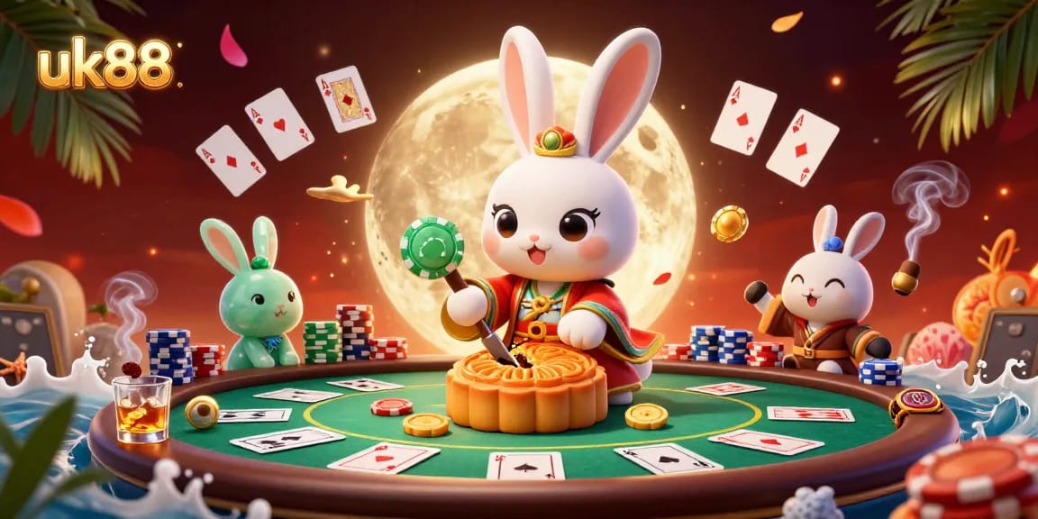Experience the thrill of uk88 with a vibrant casino scene featuring a moon rabbit surrounded by poker elements and excitement.