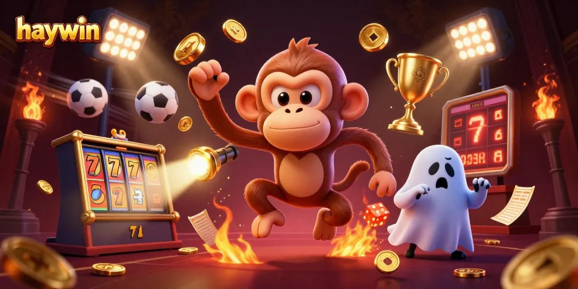 Experience haywin's vibrant slot games with a playful poltergeist monkey and a curious puppy in a dynamic casino scene.