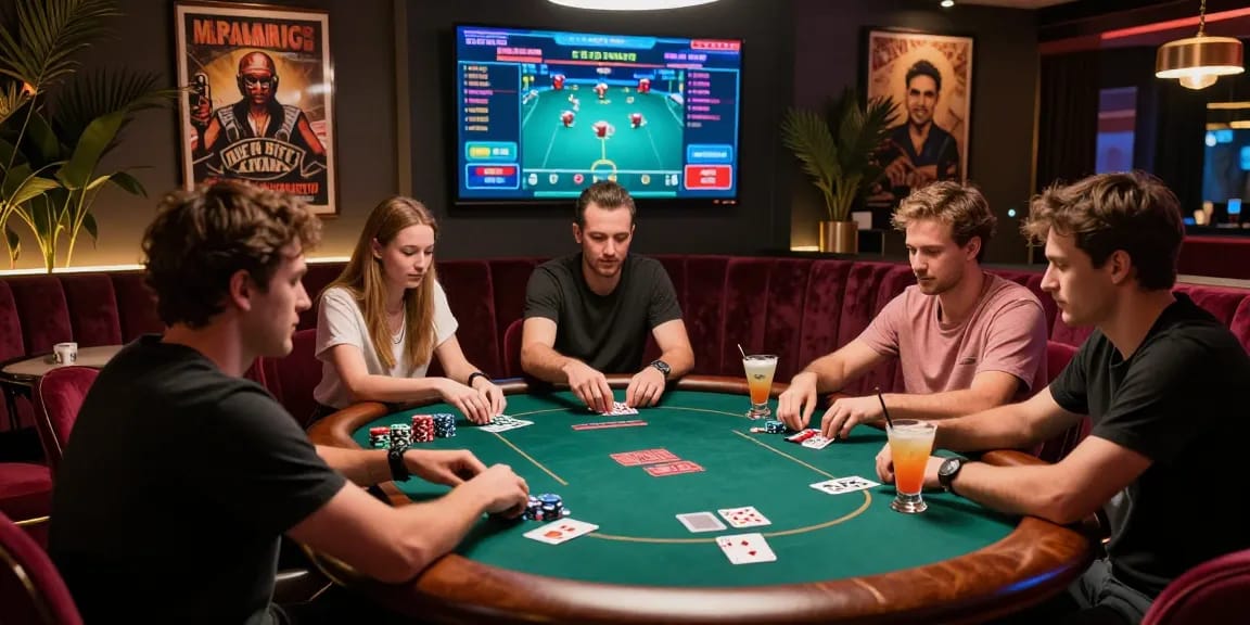 High-stakes gaming at an iwin luxurious poker lounge with vibrant atmosphere.
