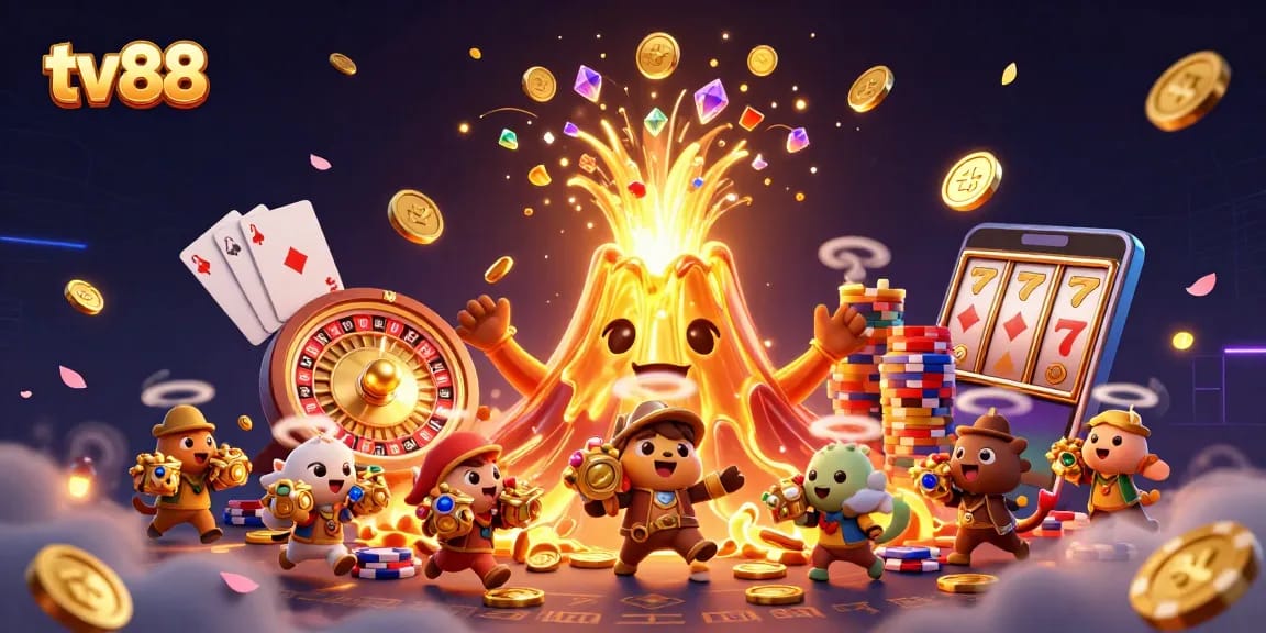 Experience thrilling moments with tv88 as the golden volcano unleashes treasures in an action-packed casino scene.