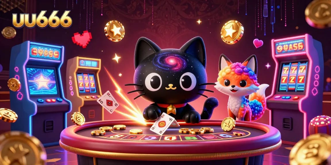 uu666 cat pulling in casino chips and cards at a cosmic gaming table, vibrant colorful characters