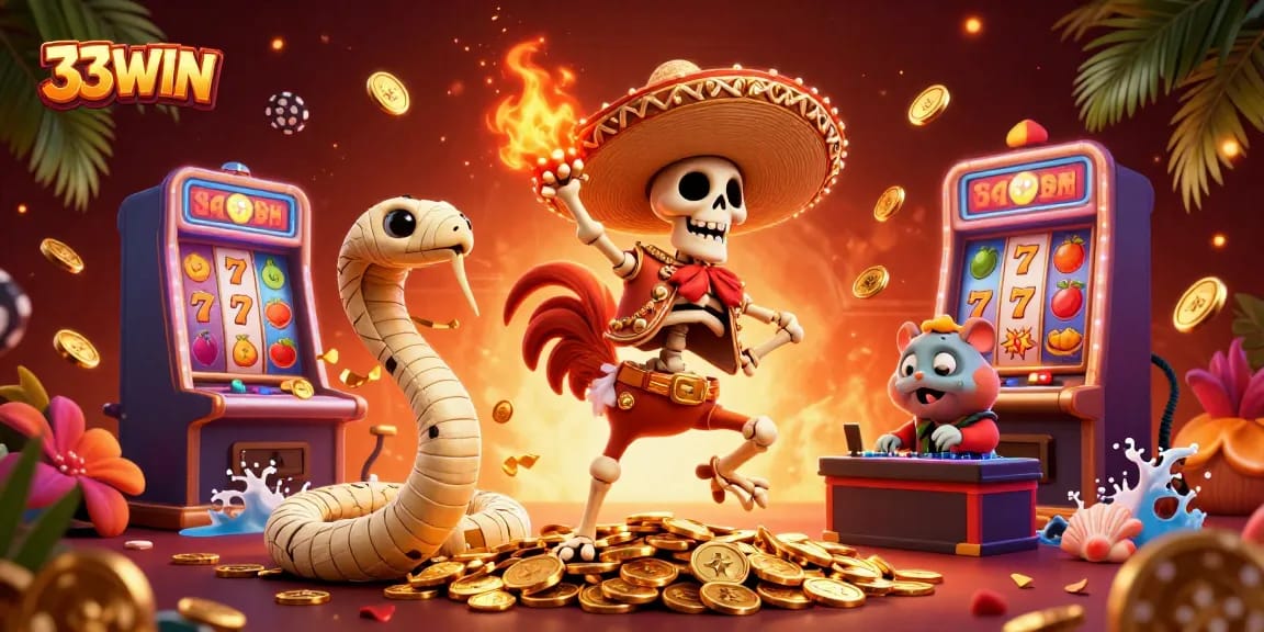 Experience the thrill of 33WIN with festive characters in a vibrant casino scene.