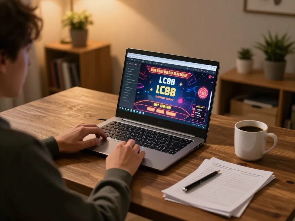 Engaging in online gaming on LC88 with a laptop, highlighting responsible entertainment.