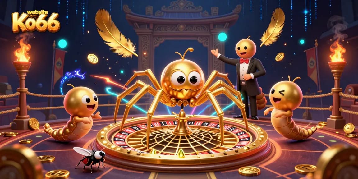 Engage with the exciting atmosphere of website Ko66 as a golden spider spins a roulette web.