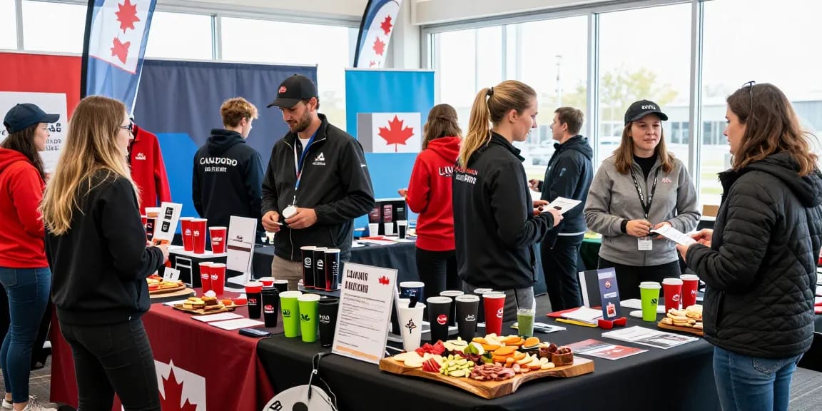 Branded jackets on display at a Canadian trade show, showcasing promotional products.