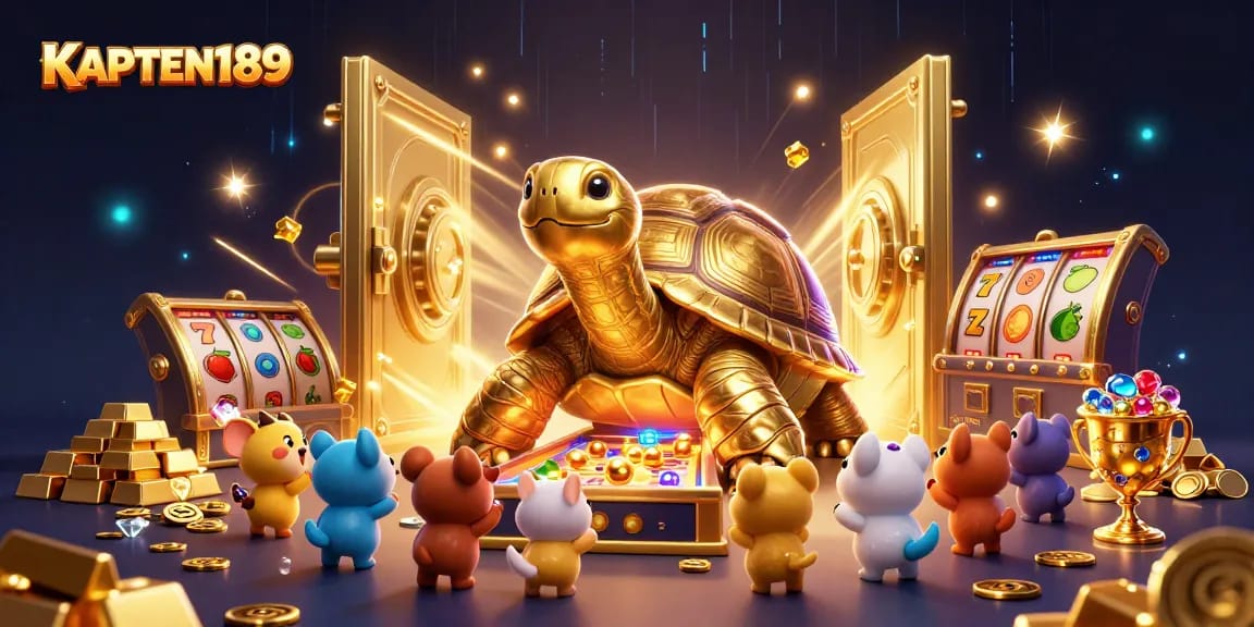 KAPTEN189 menampilkan Slot Online Gacor di ilustrasi 3D kaya gulungan slot dan simbol keberuntungan