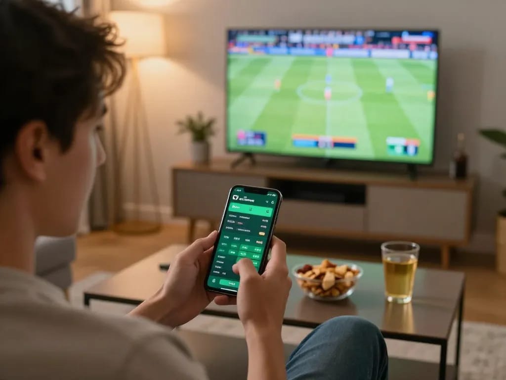 Bet on MM88 for live sports events using a smartphone app in a cozy home setting.