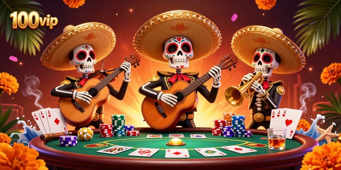Experience the vibrant 100vip casino world with a lively mariachi band playing cards.