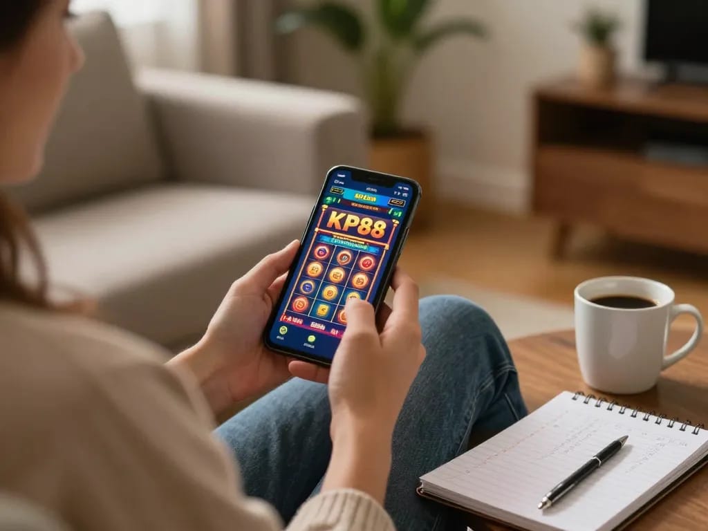 Engaging with KP88 mobile casino app on smartphone, showcasing exciting slot graphics in a cozy home