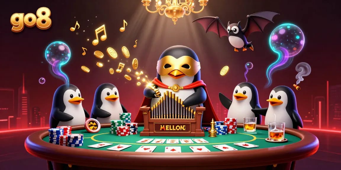 Experience thrilling moments at go8 with a penguin playing music in a vibrant and lively casino scene.