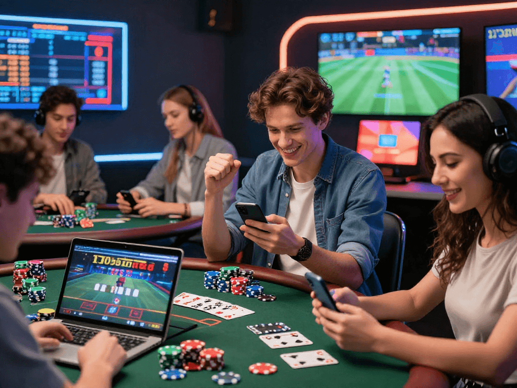 Players enjoying a vibrant online gambling experience with gambleonline platforms on various devices, surrounded by colorful gaming elements.