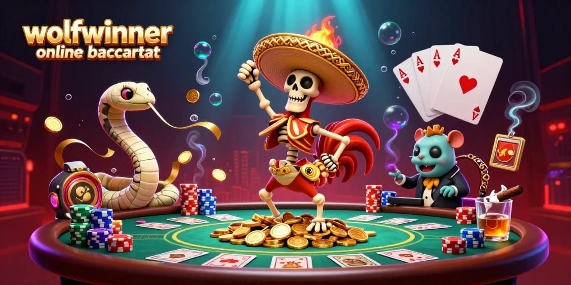 Experience wolfwinner online baccarat excitement with vibrant characters in a lively casino setting.