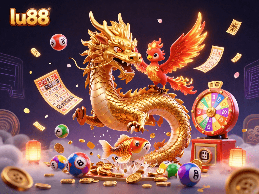 Experience thrilling casino adventures with lu88, featuring a golden dragon and vibrant gaming elements.