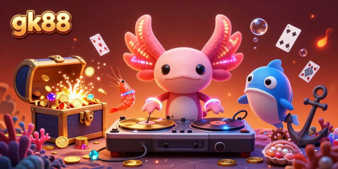 Engage in gk88's thrilling undersea casino games with a vibrant animated scene of aquatic characters.