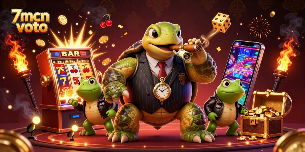 Engage with 7mcn voto as cartoon characters celebrate a jackpot explosion on a vibrant casino floor.