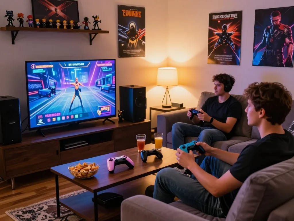 Enjoying online porn games in a cozy living room with engaging ambiance.